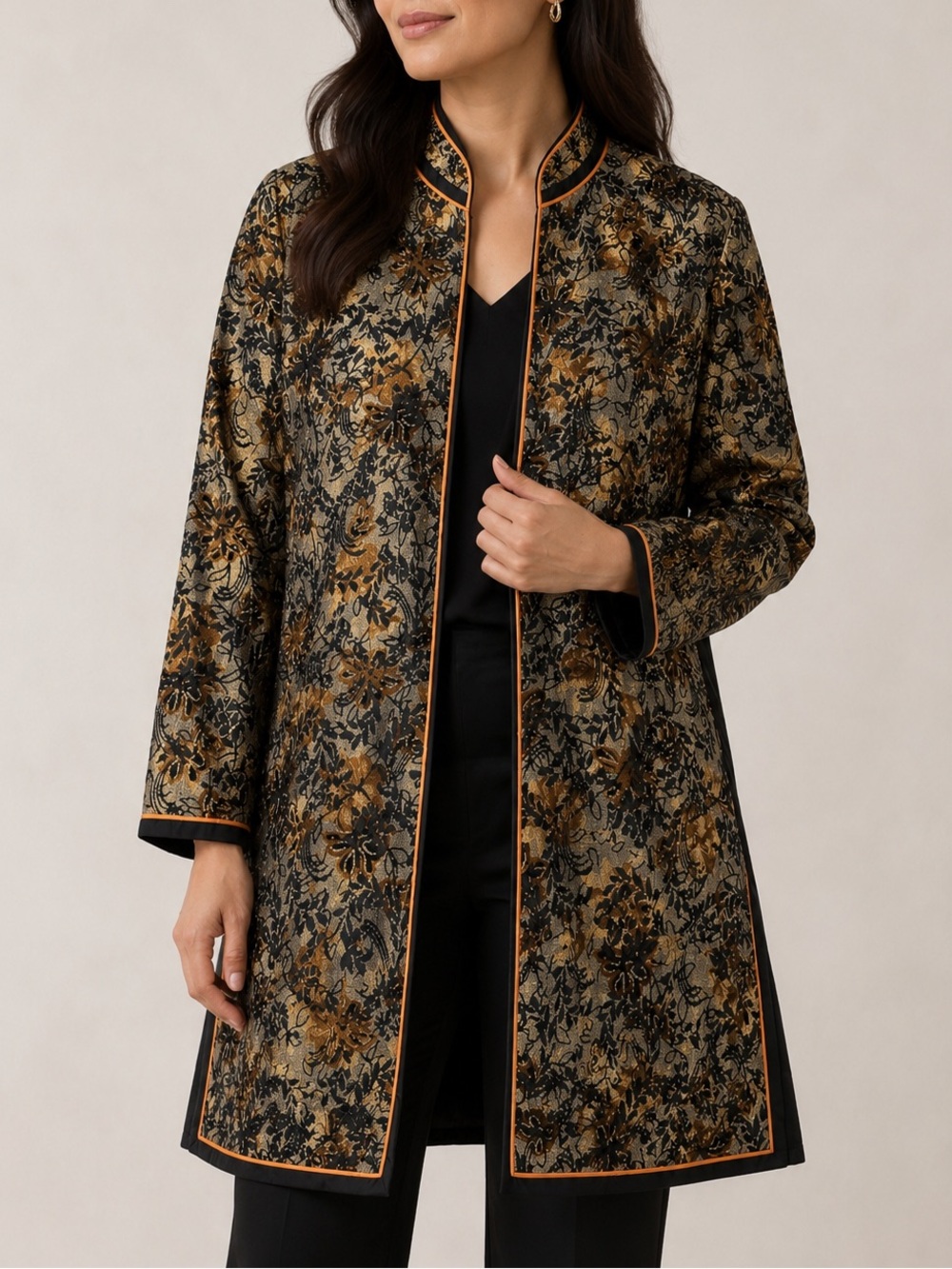 Coldwater Creek Asian Inspired Brocade Long Jacket